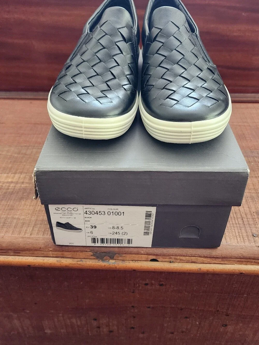 Ecco Soft 7 Black Woven Leather Slip-On Sneakers with White Sole